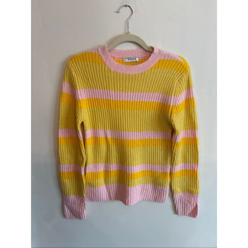 Pieces x ASOS Pastel Striped Sweater Small Yellow Orange Pink Scoop Neck